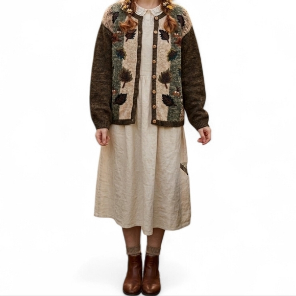 Sweaters - Vintage Dressbarn Fall Leaf Knit Cardigan Cottagecore Earthy L